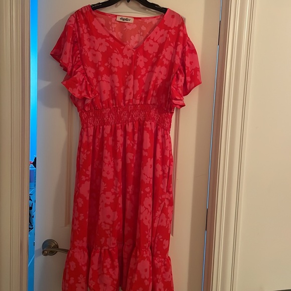NEW Remember Me Red & Pink Floral Print Smocked Waist Midi Dress - Picture 13 of 14
